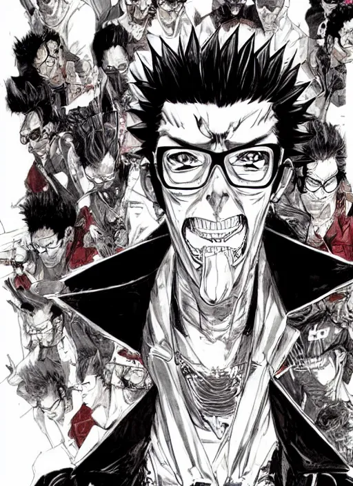 Image similar to travis touchdown, by takehiko inoue and kim jung gi, masterpiece ink illustration, perfect face and anatomy!