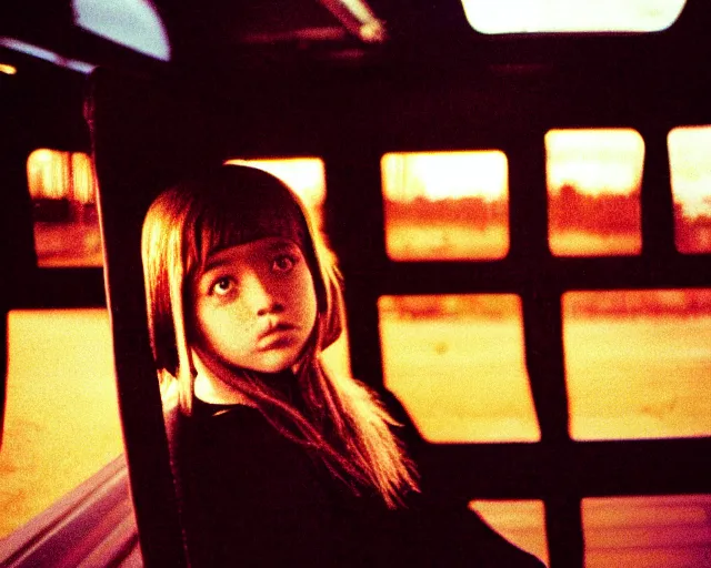 Image similar to lomo photo of shy goth girl sitting in empty bus, sunset, cinestill, bokeh