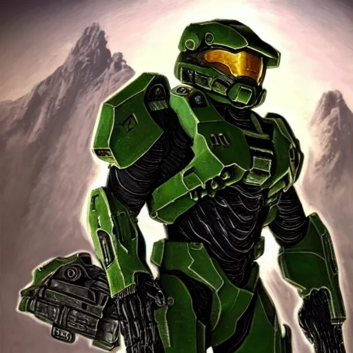 Prompt: doom eternal concept art of the Master Chief from Halo, hyperdetailed