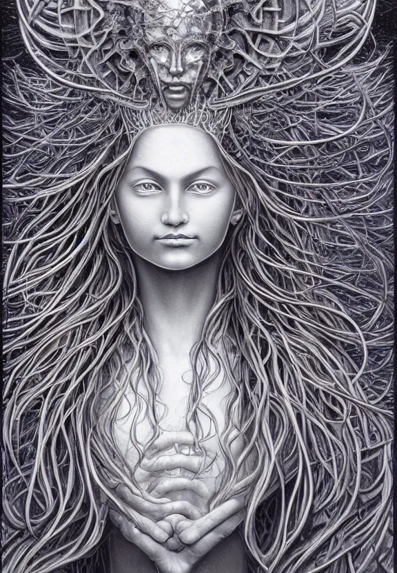 Image similar to perfectly centered portrait front view of a beautiful biomechanical moon goddess, flowing hair, intense stare, sweet smile, symmetrical, concept art, intricate detail, volumetric shadows and lighting, realistic oil painting by alex grey and gustave dore,