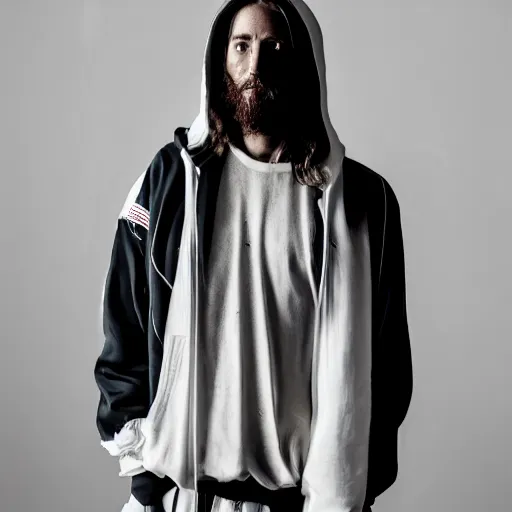 Prompt: a full body lookbook portrait of modern - day jesus wearing virgil abloh off - white menswear and sneaker collection by nicola samori, hat and hoodie, detailed, oil painting, hyper - realistic, 8 k, off - white collection