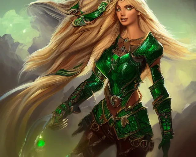 Image similar to A blonde emerald warrior, illustration, in the style of Fernando Juarez, epic, fantasy, intricate, elegant, amazing detail, digital painting, artstation, concept art, smooth, sharp focus, illustration