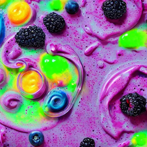 Image similar to raspberry, blueberry, vanilla smoothie explosion, intricate complexity, inverted neon rainbow drip paint, trending on art station, photoreal, 8 k, octane render