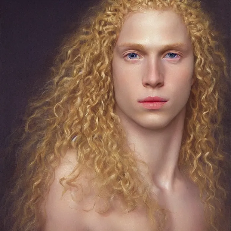 Prompt: a striking hyper real painting of Lucius the pretty pale androgynous albino blond prince, golden hour, beautiful delicate smile soft pink lips and lavender eyes, long fluffy curly light blond hair, STRAWBERRY BLOND, by Jan Matejko