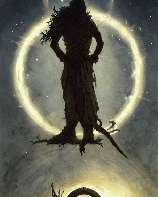 Prompt: a druid standing in a circle at the beginning of the world by greg rutkowski and frank frazetta and peter mohrbacher and william blake