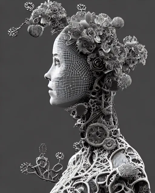 Image similar to monochrome 3 d model, profile portrait 1 8 9 0 picture, silver lace floral steampunk biomechanical beautiful young female cyborg with techno eye, volumetric light, leaves foliage and stems, hibiscus flowers, sinuous fine roots, fine foliage lace, alexander mcqueen, rim light, big gothic fashion pearl embroidered collar, octane render, dutch masters, 8 k