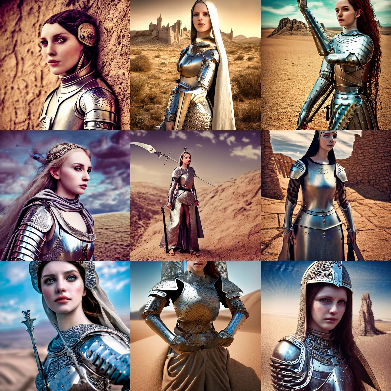 Prompt: beautiful ultra realistic medieval scene, 1290s frontiers in human medieval armour fashion magazine September retrofuturism Holy Herndon as joan of arc in Agnieszka Lorek edition, highly detailed, extreme closeup portrait, tilt shift desert background, three point perspective, focus on feminine model;knight;pursed lips;pointè pose, soft lighting