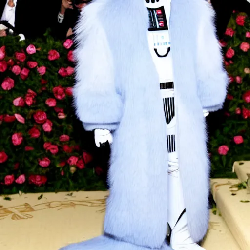 Prompt: White Darth Vader wearing a blue fur coat at Met Gala 2017