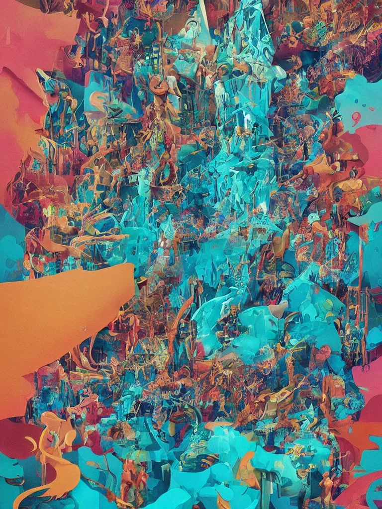 Prompt: a beautiful painting of a glitched explosion of primitive shapes in a monster carnival by oliver vernon and jonas burgert, trending on pinterest, fallas party figures, light turquoise and ocher color sheme