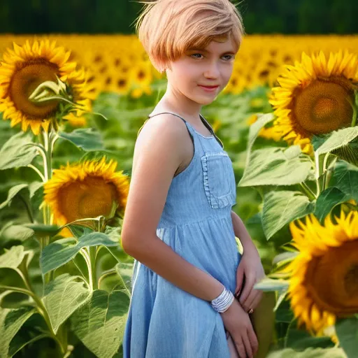 Prompt: portrait of a girl with pixie cut hairstyle in a field of sunflowers, sunny day, HD