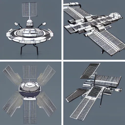 Prompt: top view, side view and front view of a science fiction space station, concept art, digital art