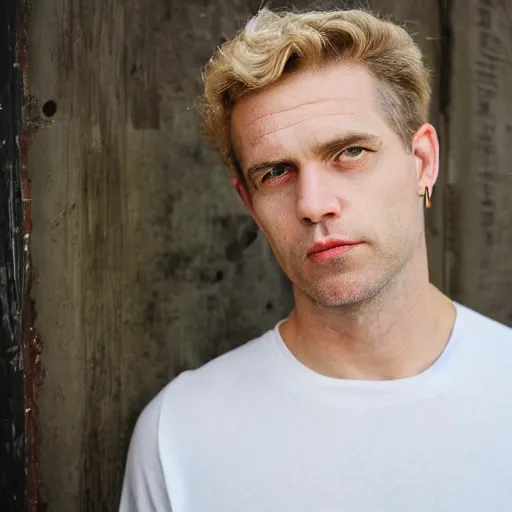 Image similar to full face color photograph of a 40 year old very handsome white man with short, curly, light blond hair and very small slanted blue eyes, dressed in a white t shirt, gray shorts and black socks, with a small mole to the right of his very thin lips, with a straight nose and blond stubble on his oval face, and an earring in the left ear. He resembles a lion.