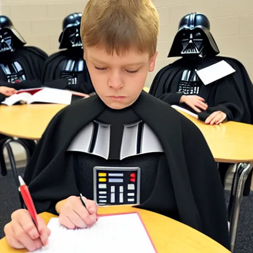 Prompt: Darth Vader studying at school, photo realistic, award-winning, highly-detailed