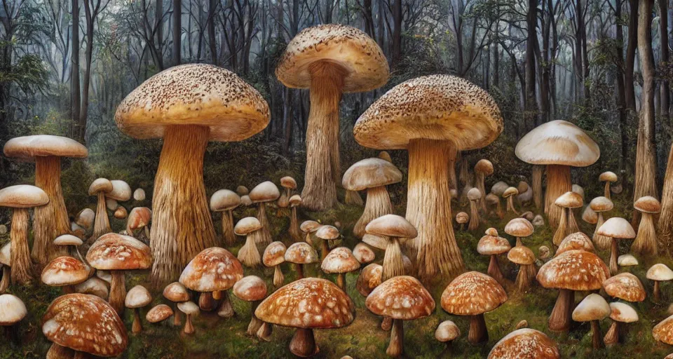 Image similar to A tribal village in a forest of giant mushrooms, by Rob Hefferan