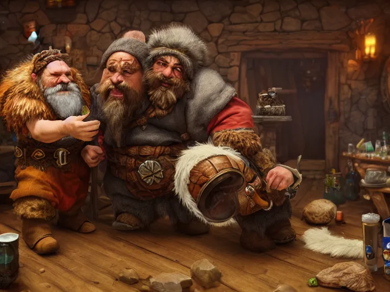 Image similar to Drunk Dwarf Druid and his Bear start a fight at the Tavern, RPG Portrait, Oil Painting, Trending on Artstation, octane render, Insanely Detailed, 8k, HD