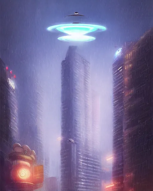 Prompt: concept art of a lareg alien futurstic ufo flying over a city, lights, rain | | cute - fine - fine details by stanley artgerm lau, wlop, rossdraws, and sakimichan, trending on artstation, brush strokes