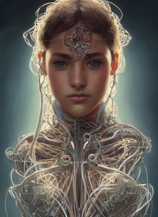 Image similar to symmetry! gabbie carter, machine parts embedded into face, tubes and cables, intricate, elegant, highly detailed, digital painting, artstation, concept art, smooth, clockwork, sharp focus, illustration, metart, art by artgerm and greg rutkowski and alphonse mucha, 8 k