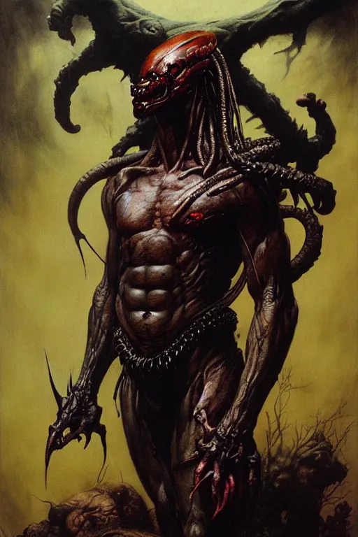 Image similar to the predator in the style of wayne barlowe, gustav moreau, goward, bussiere, roberto ferri, santiago caruso, luis ricardo falero, frazetta