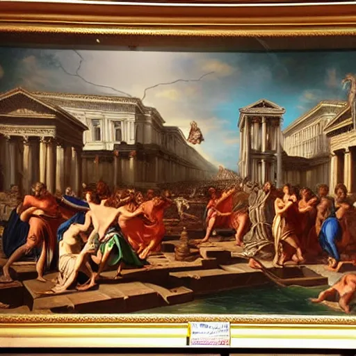 Prompt: the fall of rome, dramatic neoclassical painting, classical architecture, romans, fire and chaos, very detailed, award winning, invasion