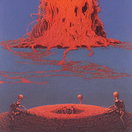 Prompt: A skeleton demon made of ethernet cables floating above a lake of fire in Hell by Beksinski and Jean Giraud Moebius