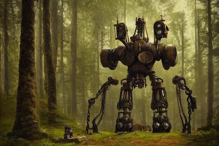 Prompt: steampunk mech standing in a swedish forest, very low angle photograph, very detailed, trending on artstation, realistic, soft colors, simon stålenhag