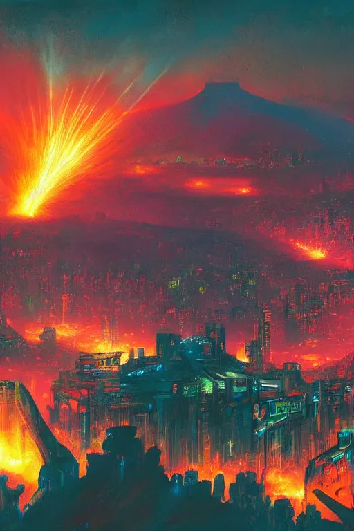 Image similar to a cyberpunk city in the crater of a volcano, lava flowing, smoke, fire, neon, clubs, festival, lasers, industrial, by paul lehr, jesper ejsing