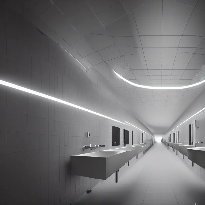 Prompt: an infinite public restroom with endless stalls and endless sinks fading into the distance, cinematic lighting, volumetric lighting, award winning photography, highly detailed, intricate, elegant, smooth, sharp focus, 4 k wallpaper, unreal engine, 9 0 mm, f / 1. 4