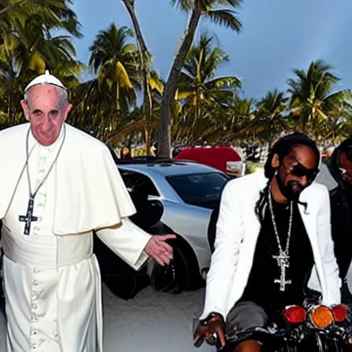 Image similar to pope francis with snoop Dogg riding motorcycles on Miami beach