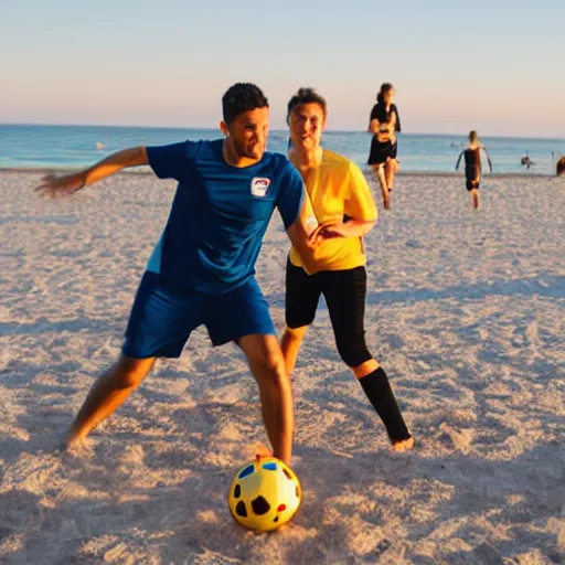 Image similar to adults playing soccer in the beach