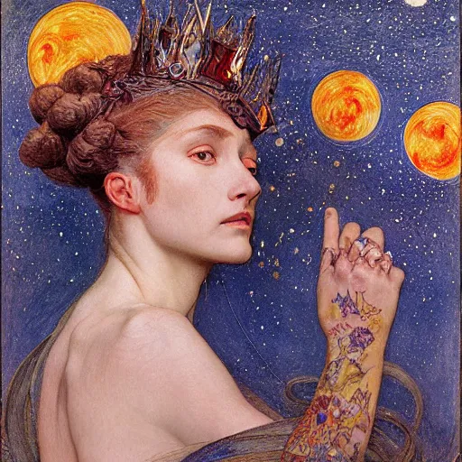 Image similar to queen of the moon with stars in her hair, by annie swynnerton and tino rodriguez and nicholas roerich and lucien freud and jean delville and donato giancola, dramatic lighting, floral tattoos, rich colors, smooth sharp focus, extremely detailed, adolf wolfli