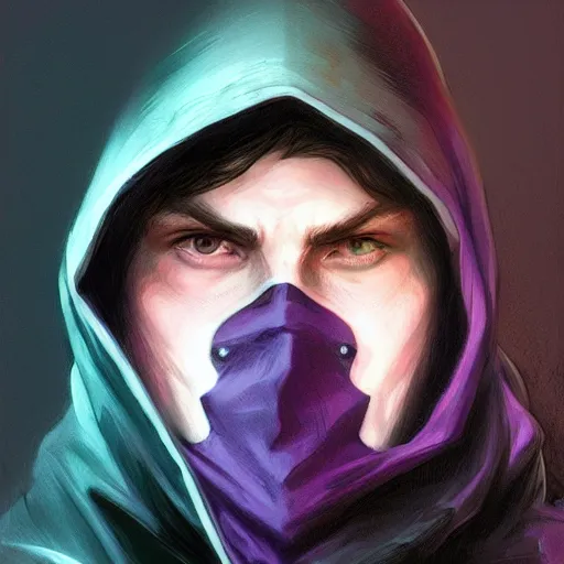 Image similar to ultra realistic illustration, man in a black hood, in a striped purple balaclava, mysterious, highly detailed, digital painting, artstation, concept art, smooth, sharp focus, illustration, art by artgerm and greg rutkowski and alphonse mucha