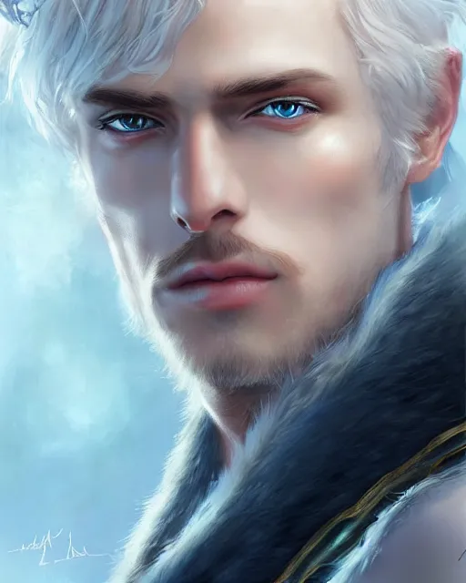 Image similar to a beautiful male, 8 k, hyperrealistic, hyperdetailed, white hair, blue eyes, fantasy portrait by laura sava
