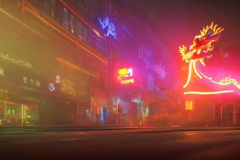 Image similar to cinematic wide angle shot of a neon smoke chinese dragon, midnight city lights, strong bokeh, dramatic lighting, unreal engine, cgsociety, artstation, 4k