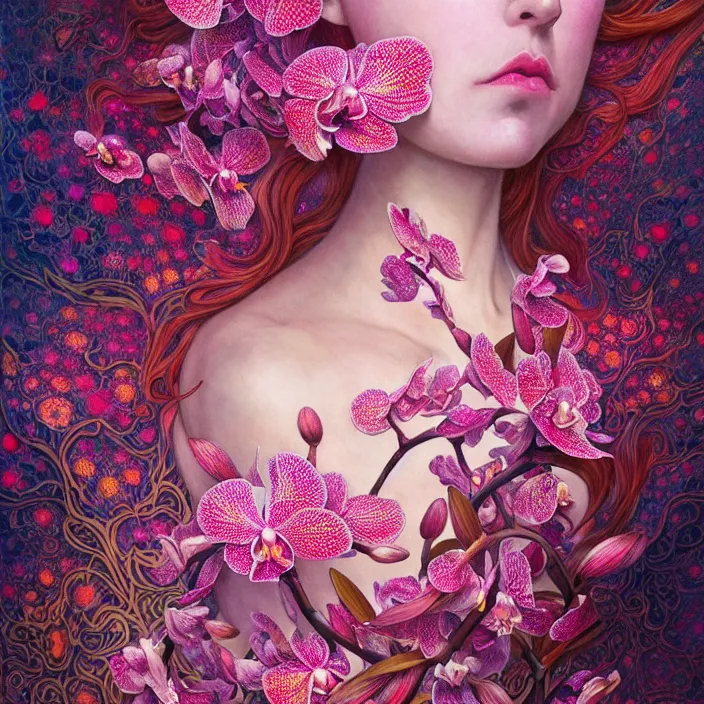 Image similar to extremely psychedelic lattice made of orchid and cherry blossom and musroom, LSD, diffuse lighting, fantasy, intricate, elegant, highly detailed, lifelike, photorealistic, digital painting, artstation, illustration, concept art, smooth, sharp focus, art by John Collier and Albert Aublet and Krenz Cushart and Artem Demura and Alphonse Mucha