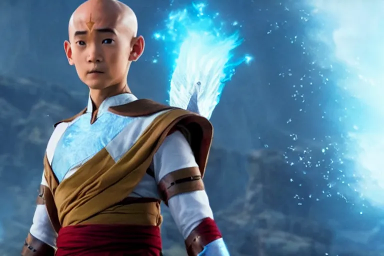 Image similar to live action film still of aang in the new fantasy movie, cinematic lighting