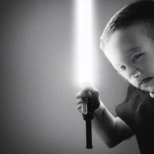 Image similar to boy holding a lightsaber, cinematic art