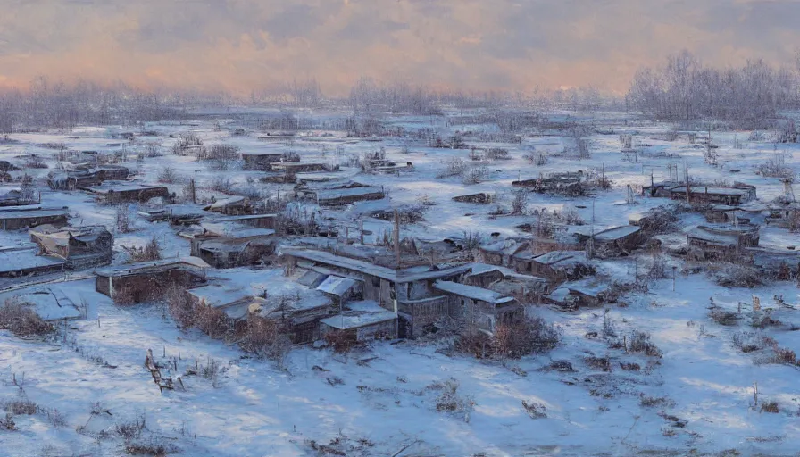 Image similar to an extremely detailed painting by cedric peyravernay of a large array of houses in a contested territory between the soviet union and america, snowy landscape, authoritarian vibes, extremely detailed, 4 k