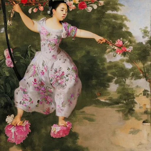 Image similar to A women in a peony dress swings on a flower swing in Bali style by velasquez