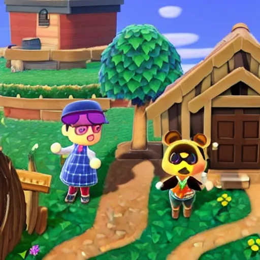 Prompt: village from animal crossing going on a shooting rampage
