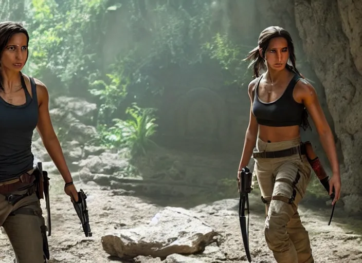 Image similar to film still of!!!! naomi scott!!! as lara croft in new tomb raider movie, 8 k