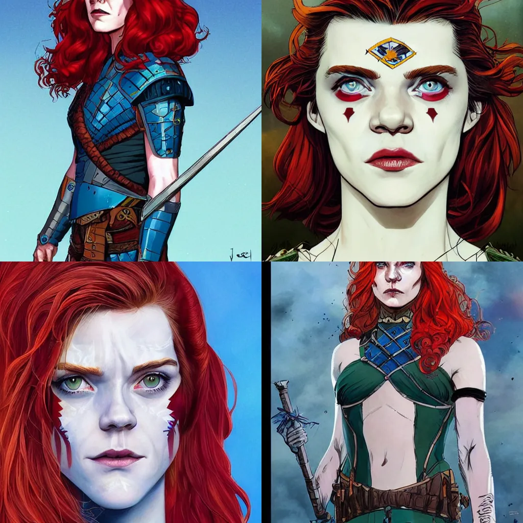 Prompt: Rafeal Albuquerque comic art, Joshua Middleton comic art, pretty female Rose Leslie, Scottish warrior, scots blue facepaint, big smirk, symmetrical face, symmetrical eyes, long red hair, full body, battlefield background:: sunny weather::