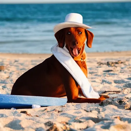 Image similar to Dog with white hat on the beach having a picknick