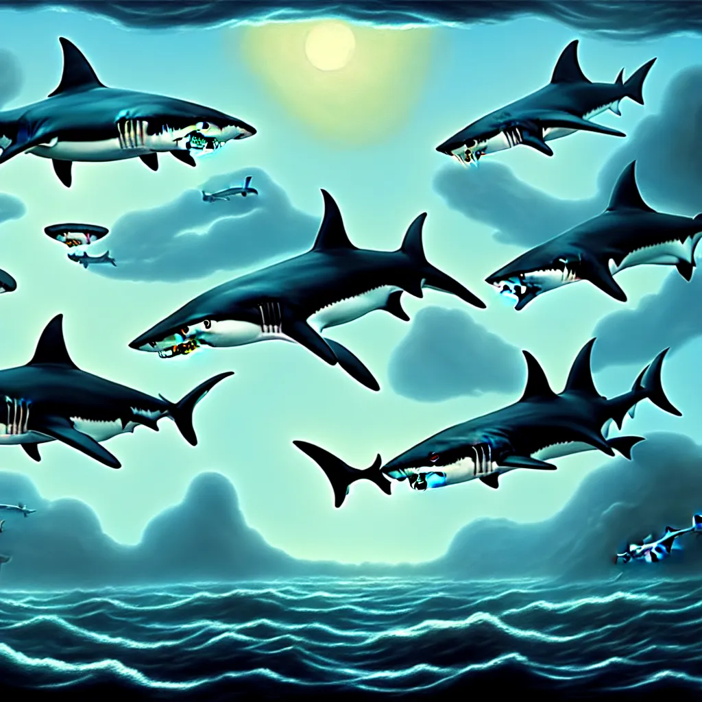Prompt: shark party, detailed matte painting, oil on canvas, atmospheric, field of depth, fantasy, grim, dark, trending on artstation