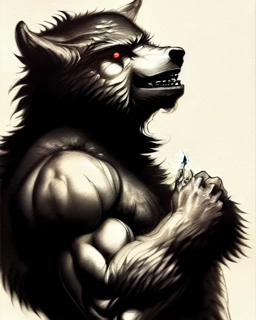 Prompt: in the style of artgerm, rembrandt, rafael albuquerque, boris vallejo, large hairy werewolf in a shopping mall at night, moody lighting, horror scary terror