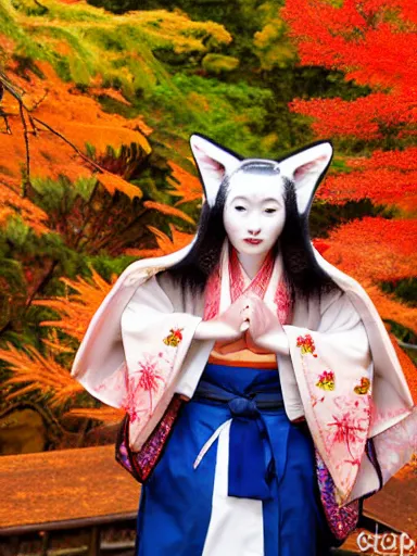 Image similar to full - color photo of a beautiful japanese kitsune goddess doing a ritual dance in a windy inari shinto shrine in kyoto full of autumn leaves. she is a human woman with fox - ears, a fox - tail, hands that are fox - paws, sharp fox - teeth, and a fox - nose. highly - detailed ; professional portrait photography.