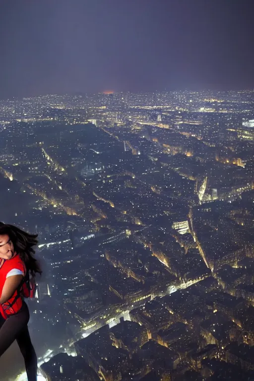 Prompt: hispanic female teen clambing, climber point of view 200m above Paris, at night, downpour, still from Mission Impossible action movie, action scene