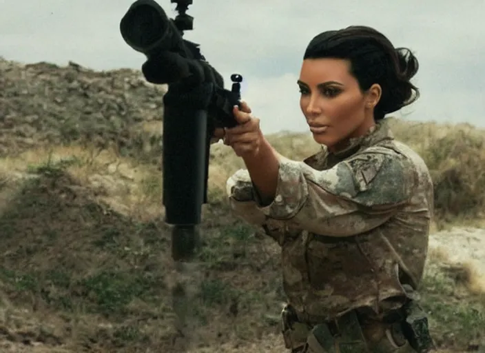 Image similar to a film still of kim kardashian as a soldier firing a rifle over a dirty trench with her top slightly open neckline. backround : warfield