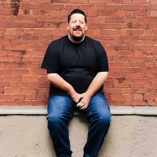 Image similar to sal vulcano with a black shirt on sitting in front of a brick wall