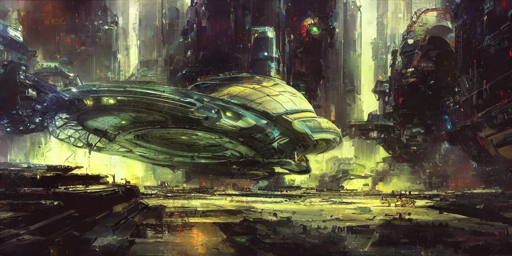 Image similar to hi - tech alien space ship crashed on dystopian earth, nyc 2 0 7 7, detailed, sharp focus, brush strokes, technicolor, by john berkey, craig mullins.