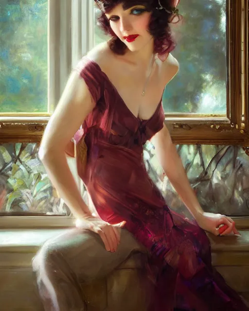 Image similar to daniel gerhartz and artgerm portrait digital realist painting of a 1 9 2 0 s beautiful woman at a party in a mansion, mansion interior in the background, unreal engine, hyper realism, realistic shading, cinematic composition, realistic render, octane render, detailed textures, photorealistic, ultrawide shot, 3 5 mm film